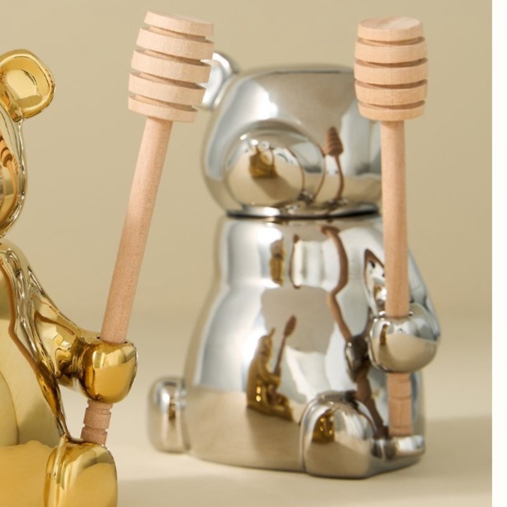 Anthropologie Silver Metallic Bear Honey Jar /Pot w/ Wooden Dipper in Bear’s Paw - Picture 4 of 13